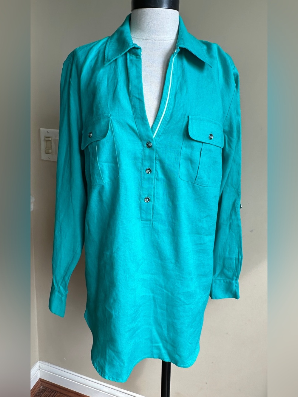 Jones New York 100% Linen Teal Plus Size Tunic Top, Size 1X